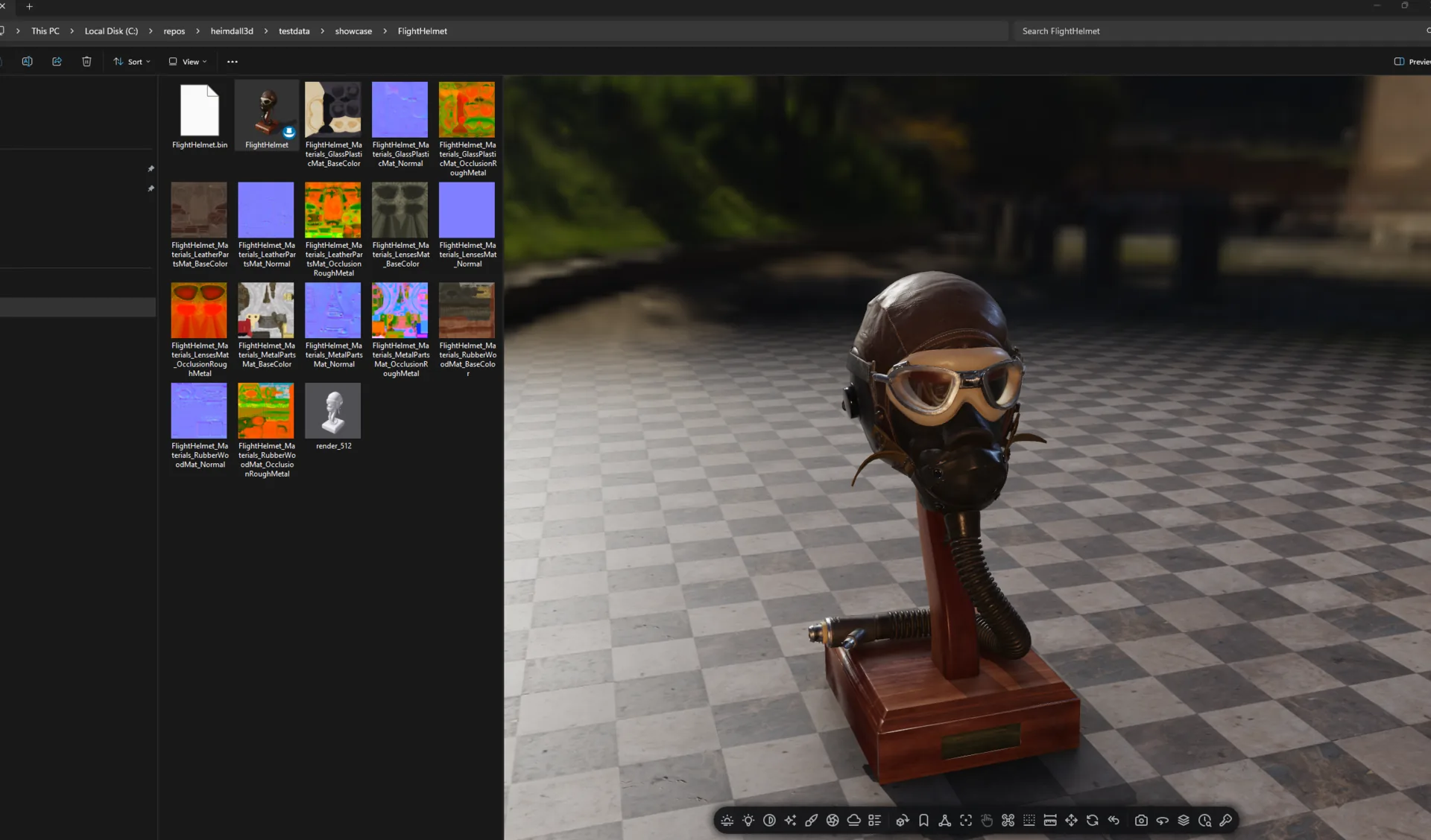 A folder in Windows Explorer holding a glTF model, the fifteen texture images it
                references and the .bin its geometry sits in. The model's tile shows the rendered
                flight helmet; each texture tile shows the map itself, the base colours, the
                violet normal maps and the orange packed occlusion, roughness and metalness maps.
                The preview pane on the right draws the helmet full size on a tiled floor.