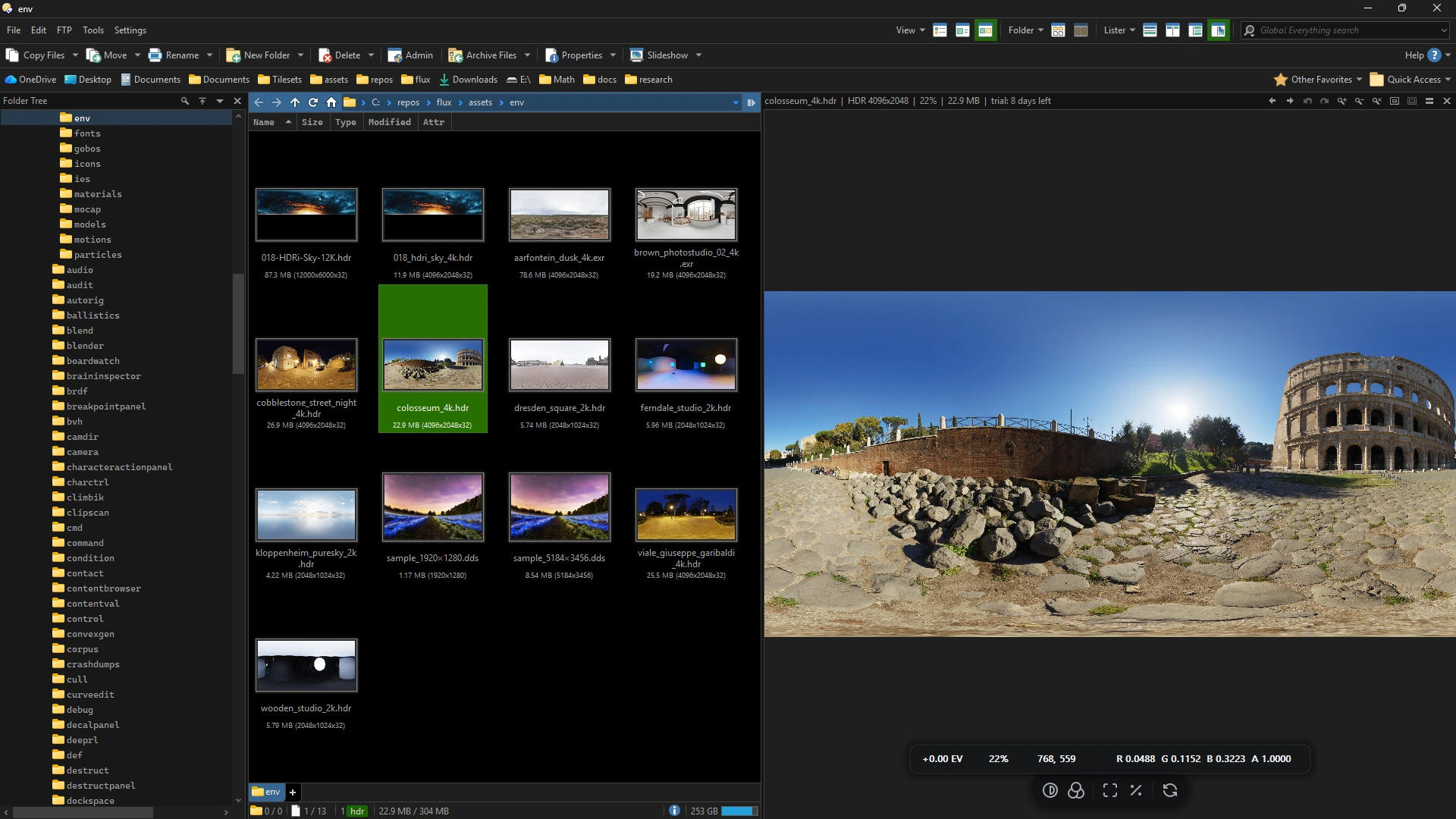 A folder of HDR, EXR and DDS files in Directory Opus, each with a thumbnail,
                and one of them open in the preview pane.