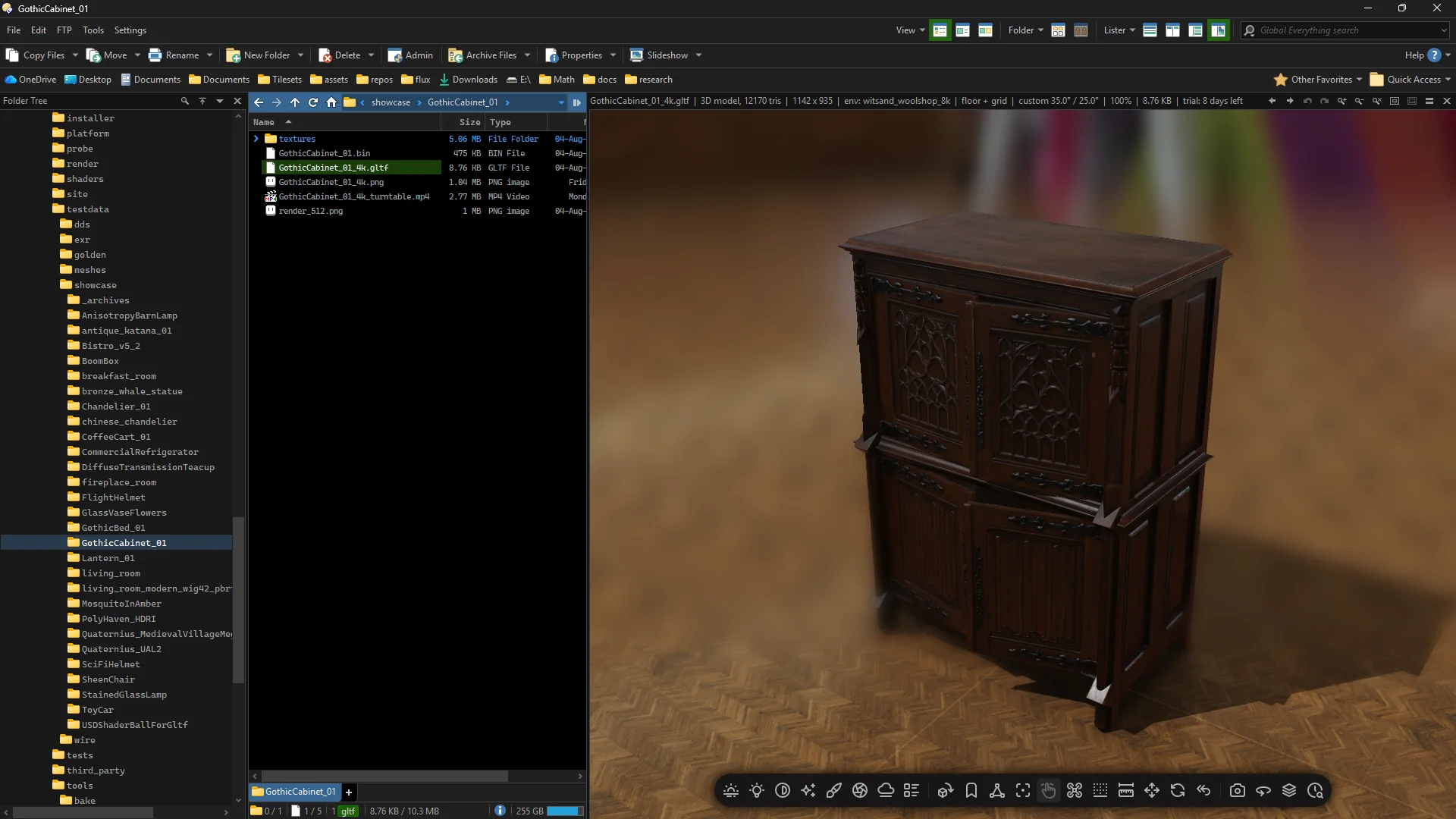 Directory Opus with a carved wooden cabinet open in the preview pane, its file
              listed in the folder beside it.