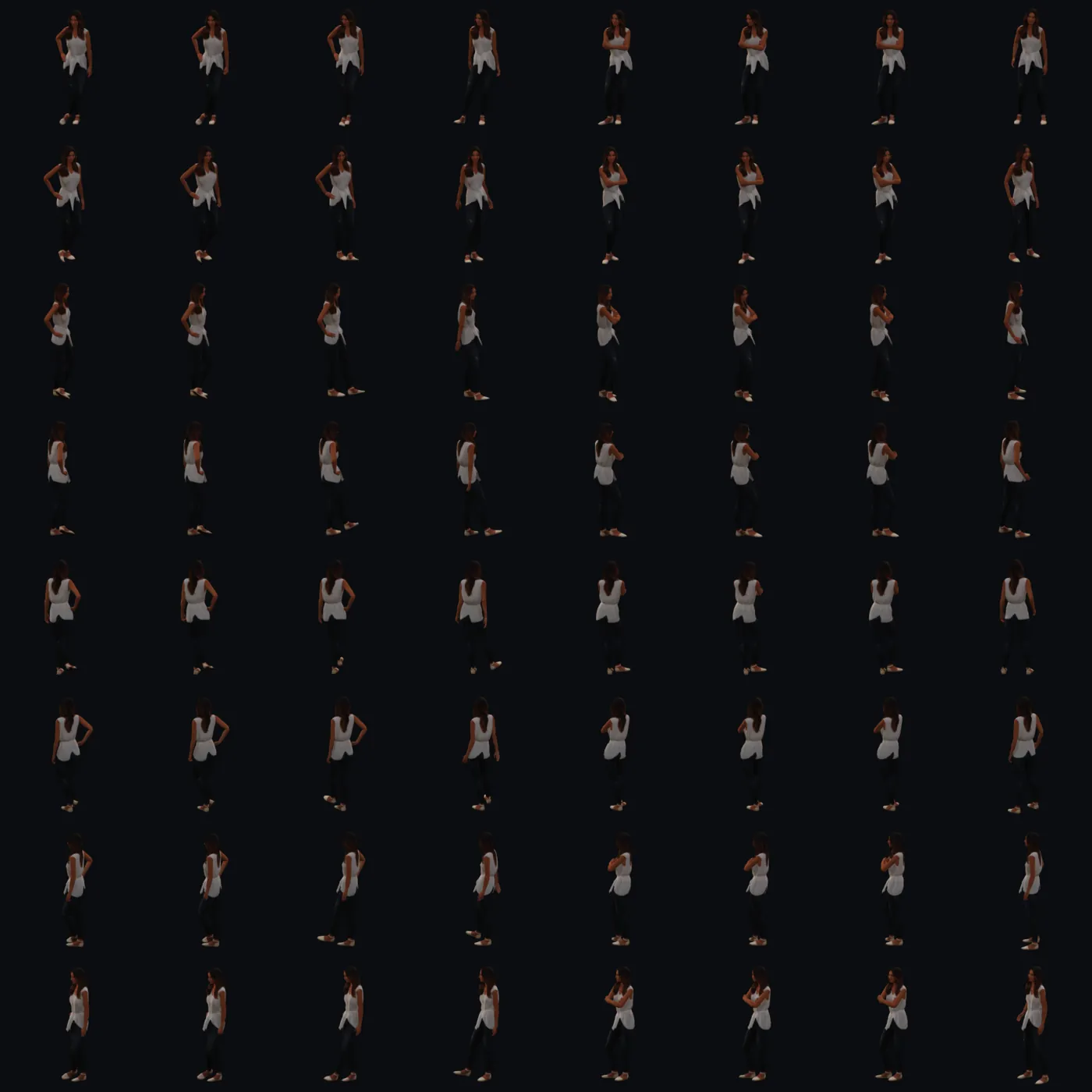 A sprite sheet: eight rows of a standing woman, one row per compass direction,
                and eight columns stepping through an idle animation, every cell framed the
                same.